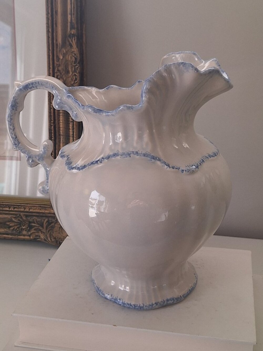 Large blue and white vintage pitcher vase pottery handmade arnels